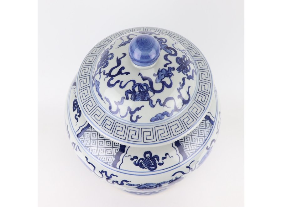Chinesische Deckelvase Blau Weiß Porzellan Handbemalt Qilun D33xH53cm