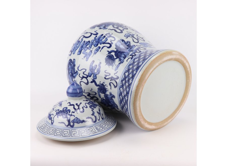Tarro de Jengibre Chino Templo Porcelana Qilin Azul Blanca D40xAlto64cm