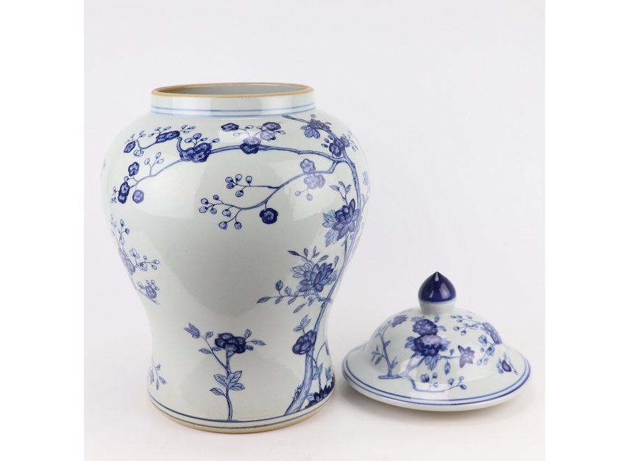 Chinesische Vase mit Deckel Blau Weiß Porzellan Blüten D29xH48cm