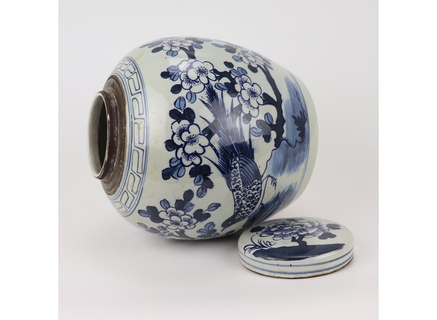 Fine Asianliving Chinese Ginger Jar Blue White Porcelain Handpainted Birds D25xH25cm