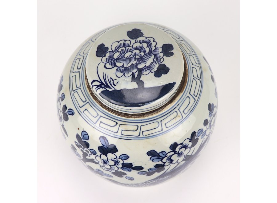 Chinesische Vase mit Deckel Blau Weiß Porzellan Handbemalte Vögel D30xH30cm