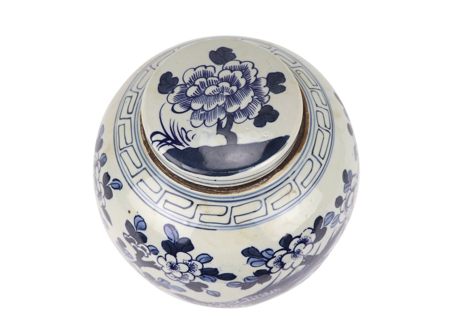 Chinesische Vase mit Deckel Blau Weiß Porzellan Handbemalte Vögel D30xH30cm