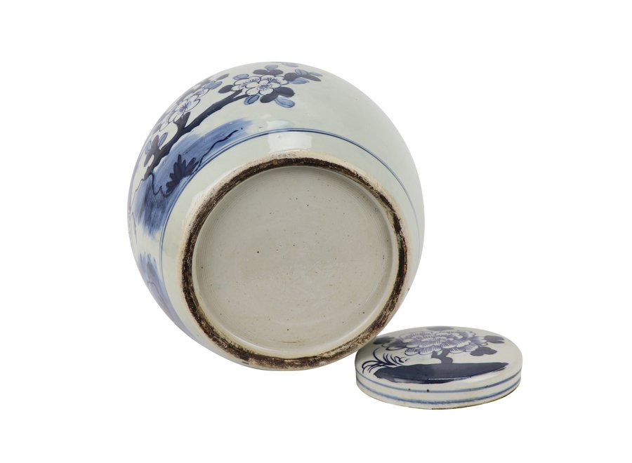 Pot à Gingembre Chinois Bleu Blanc Porcelaine Oiseaux Peints à la Main D30xH30cm