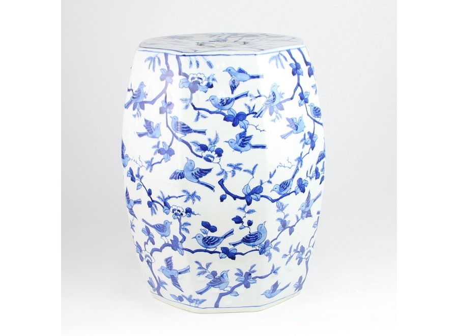 Keramik Hocker Handbemalt Blau Weiße Vögel D33xH45cm