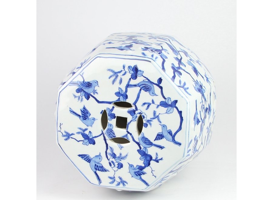 Keramik Hocker Handbemalt Blau Weiße Vögel D33xH45cm