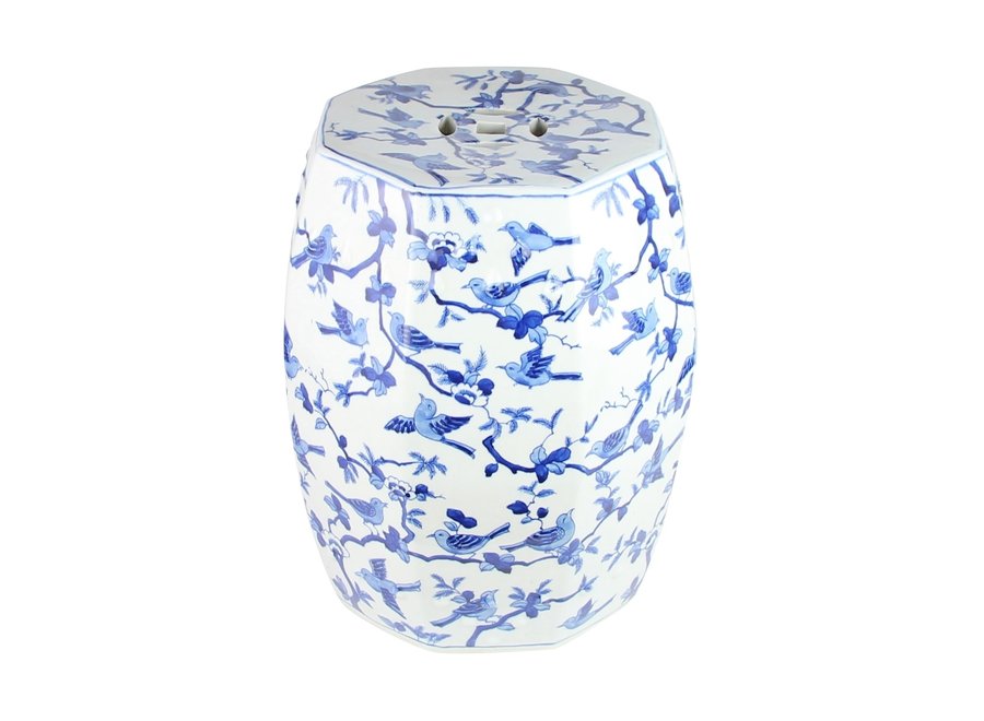 Keramik Hocker Handbemalt Blau Weiße Vögel D33xH45cm