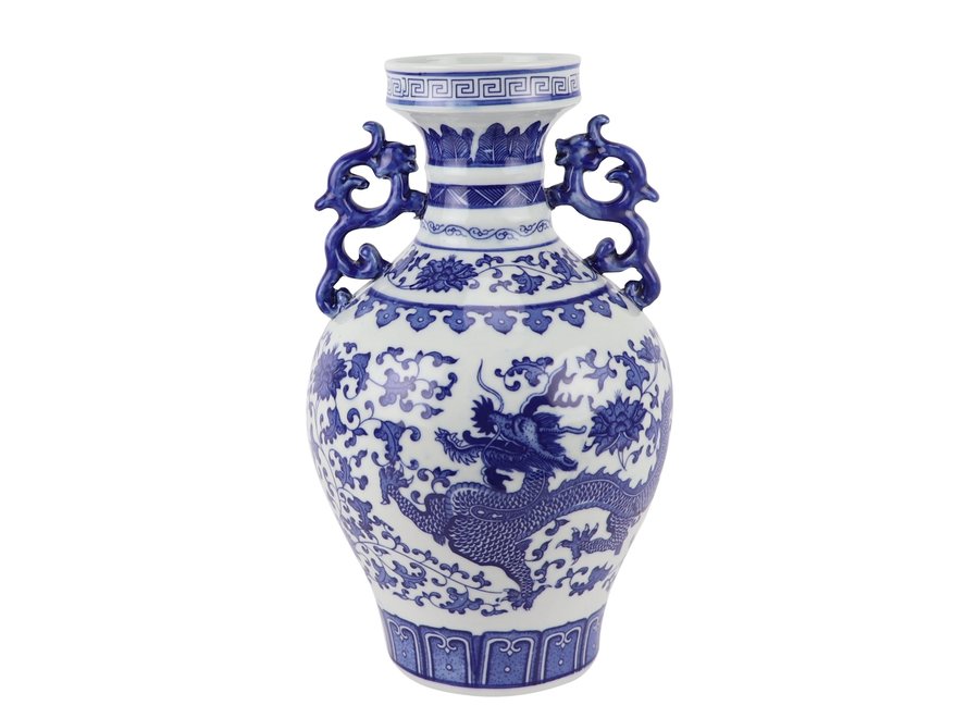 Jarrón Chino de Porcelana Dragón Azul Blanca D18xAlto33cm