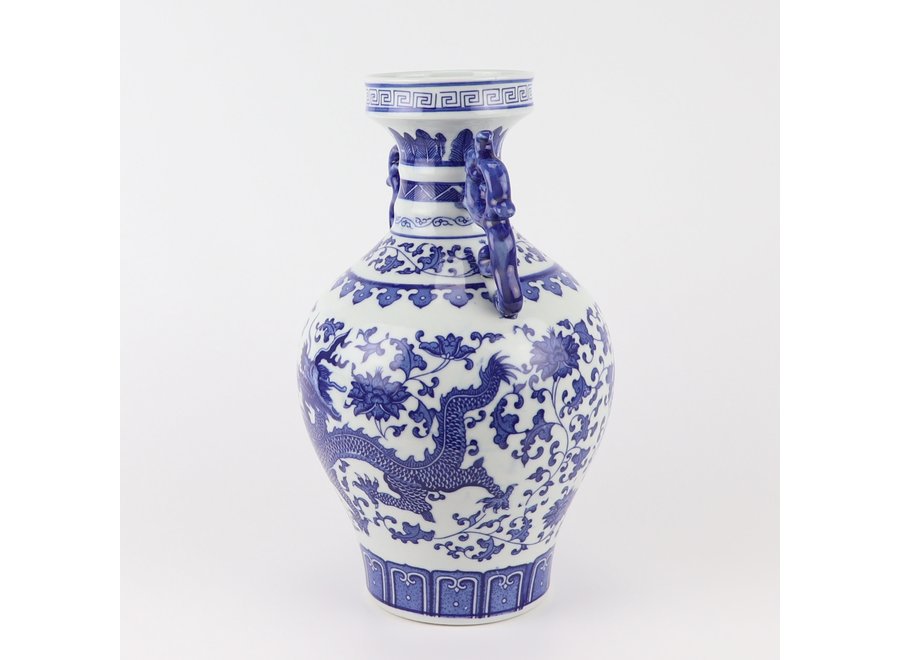 Vase Chinois Bleu Blanc Porcelaine Dragon D18xH33cm