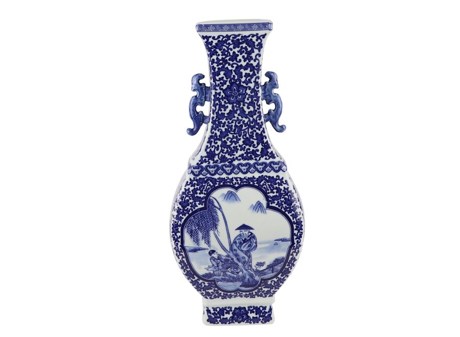 Vase Chinois Bleu Blanc Porcelaine Paysage D15xH45cm