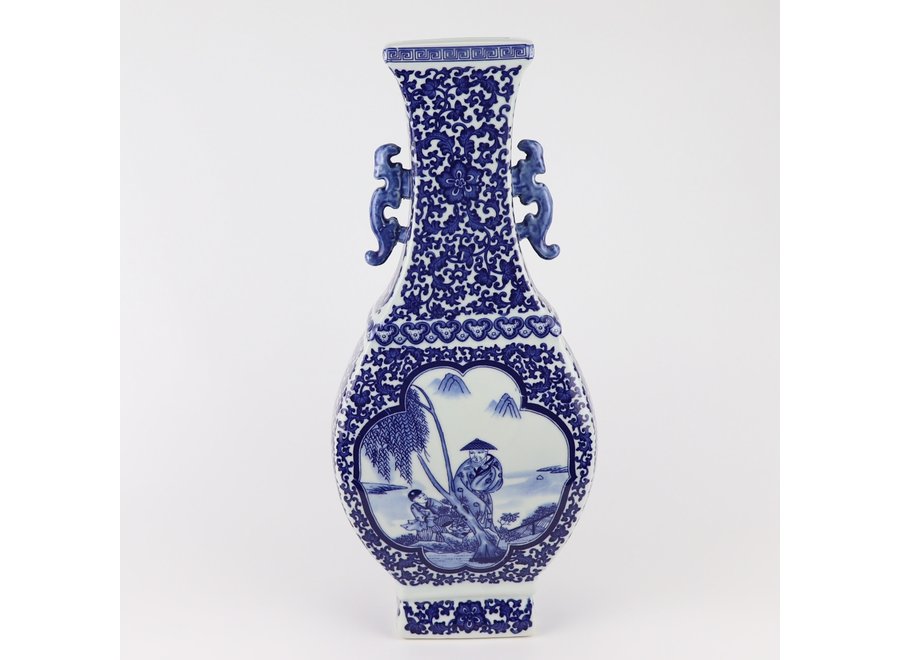 Vase Chinois Bleu Blanc Porcelaine Paysage D15xH45cm