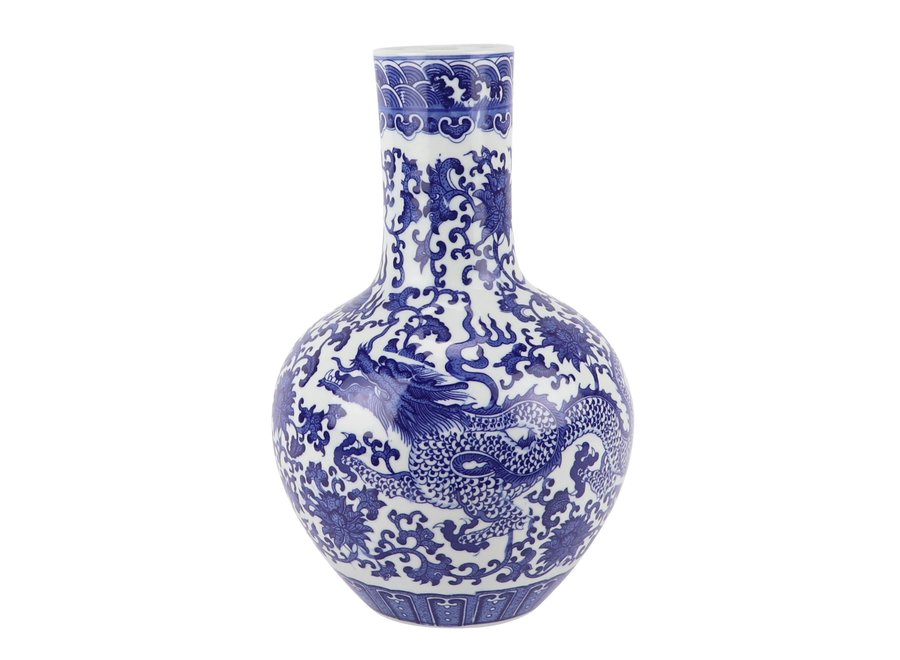 Vase Chinois Bleu Blanc Porcelaine Dragon D22xH34cm