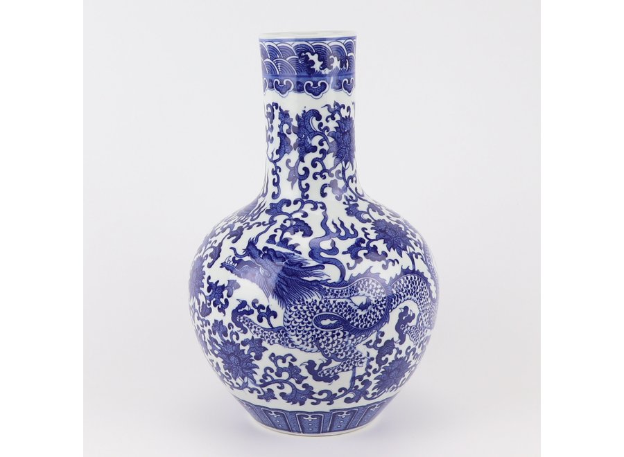 Vase Chinois Bleu Blanc Porcelaine Dragon D22xH34cm