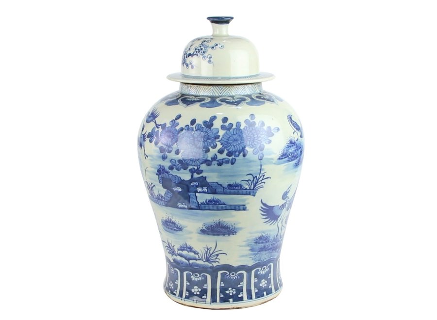 Ginger Jar Cinese Porcellana Blu Bianca Uccelli Dipinti a Mano D30xH50cm