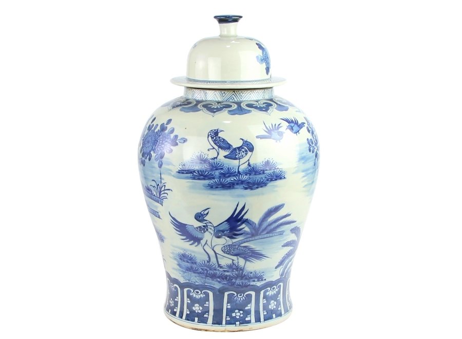 Pot à Gingembre Chinois Bleu Blanc Porcelaine Oiseaux Peints à la Main D30xH50cm