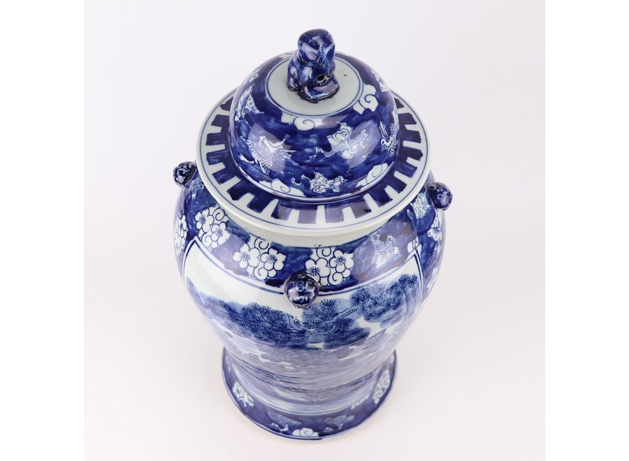 Pot à Gingembre Chinois Porcelaine Bleu Blanc Peint à La Main Oiseaux D26xH50cm