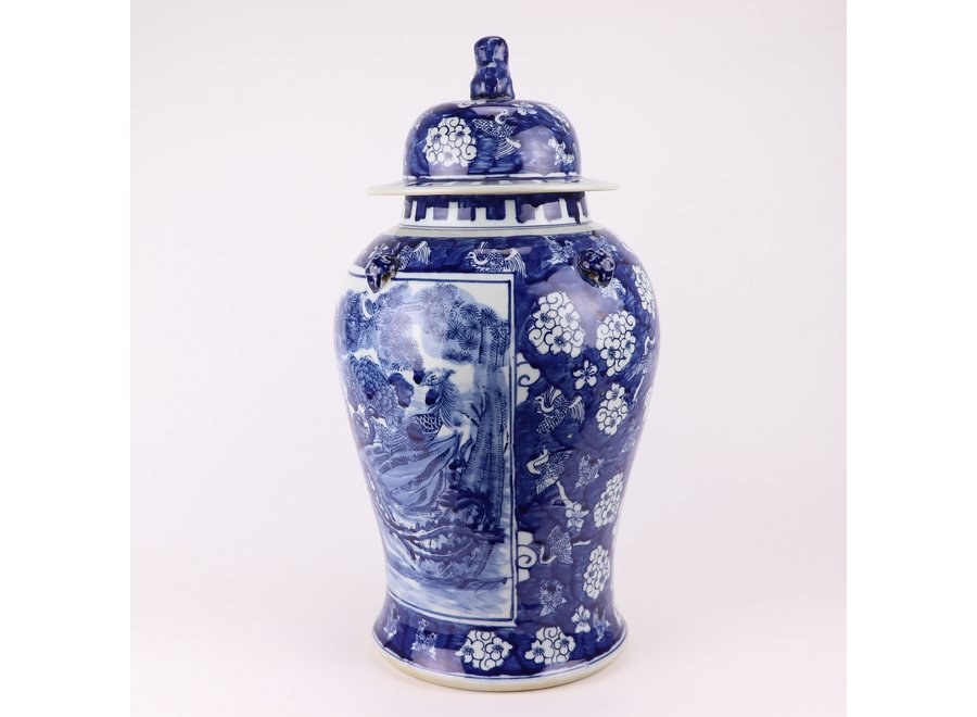 Chinesische Vase mit Deckel Blau Weiß Porzellan handbemalte Vögel D26xH50cm