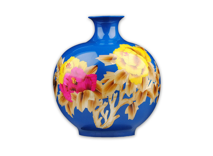 Chinesische Vase Porzellan Weizenstroh Pfingstrose Blau Handgefertigt D25xH29.5cm