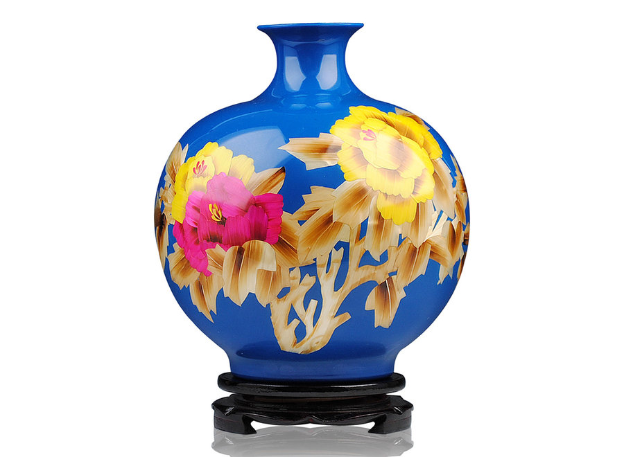 Chinesische Vase Porzellan Weizenstroh Pfingstrose Blau Handgefertigt D25xH29.5cm