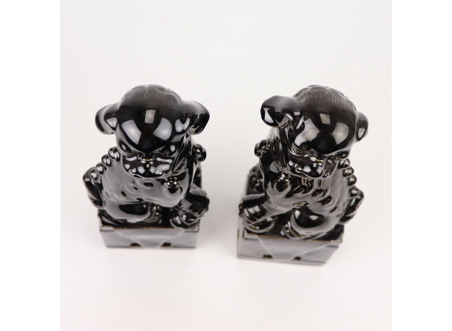 Cinese Foo Dogs Set/2 Porcelaine Noire Fait Main D10xH27cm