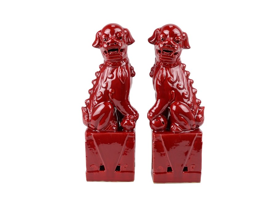 Chinese Foo Dogs Set/2 Porcelain Red Handmade D10xH27cm