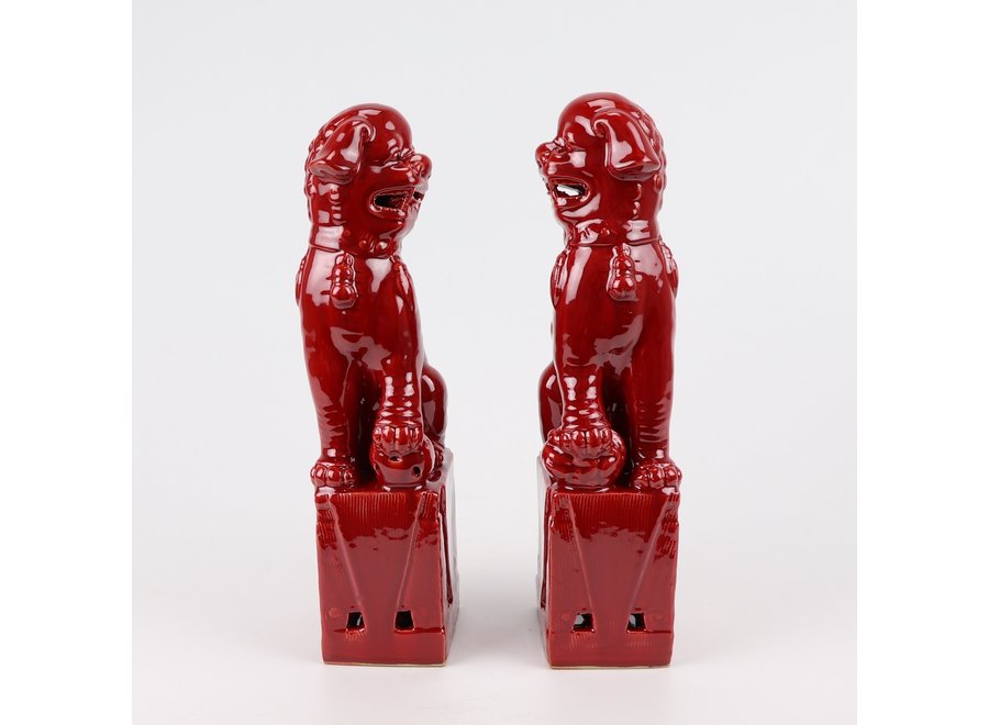 Chinese Foo Dogs Set/2 Porcelain Red Handmade D10xH27cm