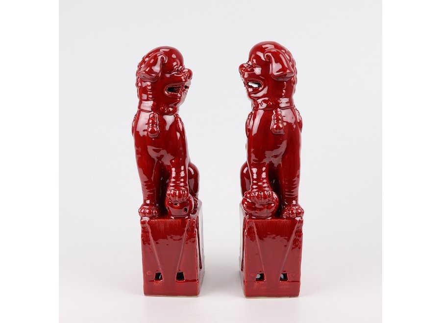 Chinese Foo Dogs Set/2 Porzellan Rot Handgefertigt D10xH27cm