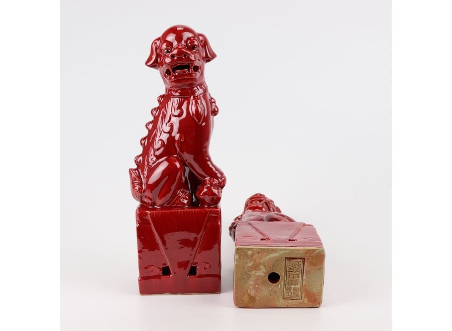 Set Cani Pippo Cinese/2 Porcellana Rosso Fatto A Mano D10xH27cm