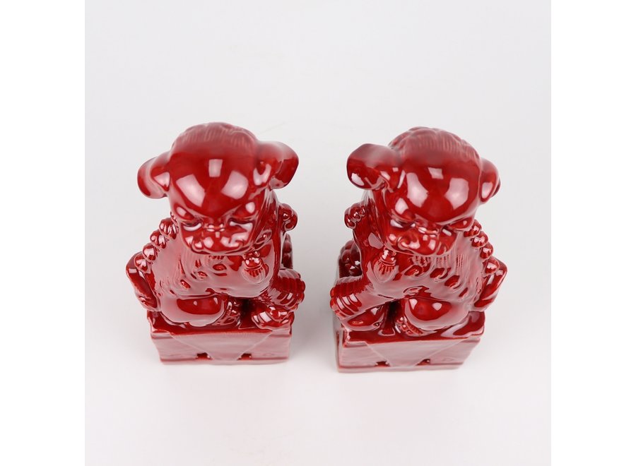 Chinese Foo Dogs Set/2 Porcelain Red Handmade D10xH27cm