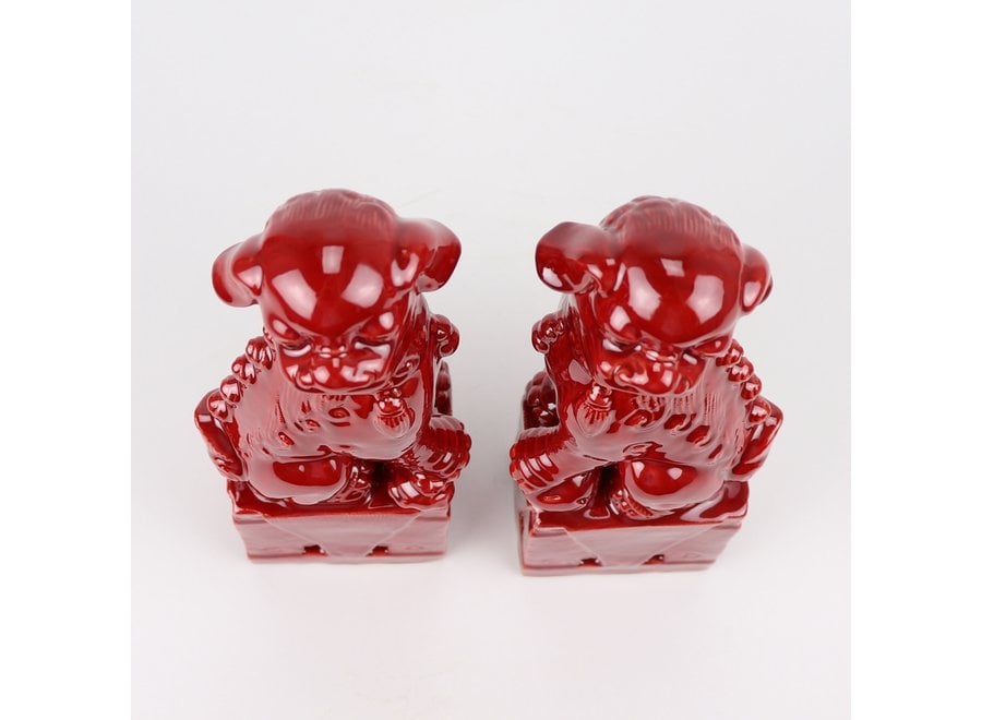 Set Cani Pippo Cinese/2 Porcellana Rosso Fatto A Mano D10xH27cm