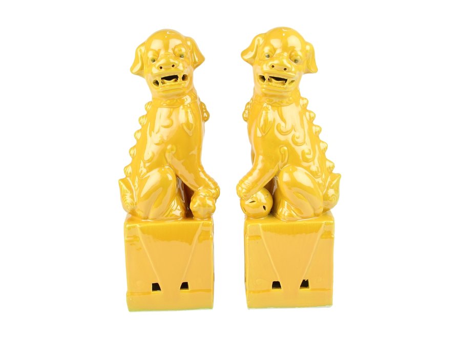 Chinese Foo Dogs Set/2 Porcelain Yellow Handmade D10xH27cm