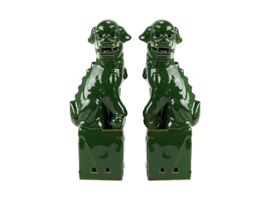 Chinese Foo Dogs Set/2 Porcelain Green Handmade D10xH27cm