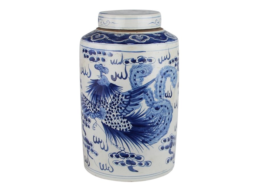 Chinesische Deckelvase Blau Weiß Porzellan Handbemalt Drachen Phönix D26xH40cm