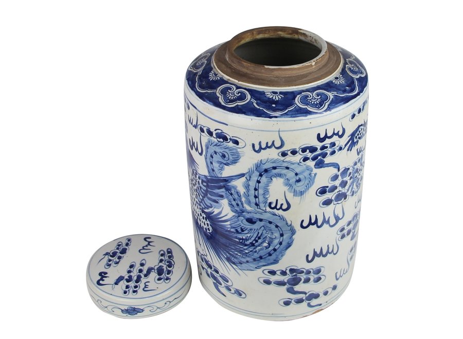 Pot à Gingembre Chinois Bleu Blanc Porcelaine Peint À La Main Dragon Phénix D26xH40cm