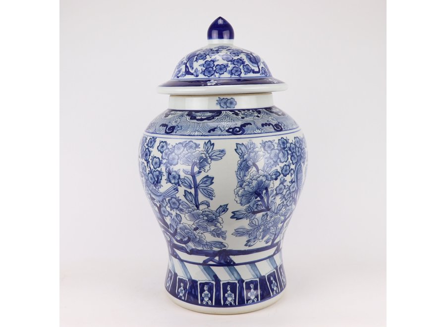 Tarro de Jengibre Chino Templo Porcelana Peonías Chinas Azul Blanca D28xAlto48cm