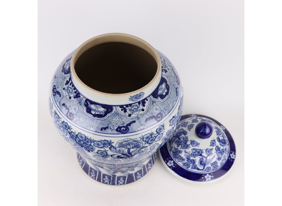 Tarro de Jengibre Chino Templo Porcelana Peonías Chinas Azul Blanca D28xAlto48cm