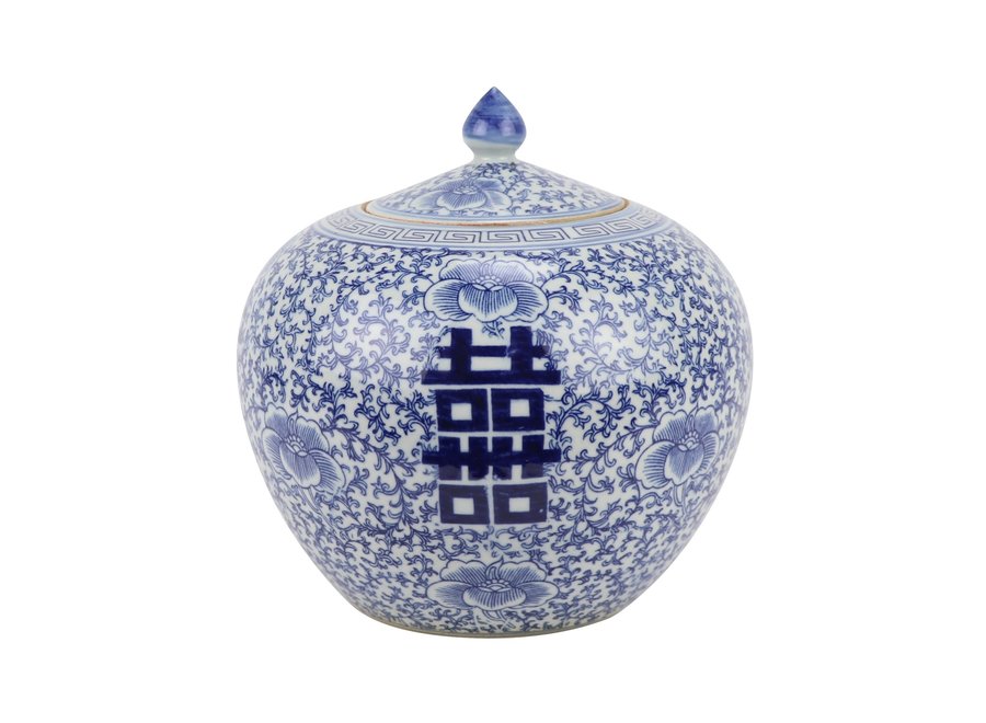 Chinesische Deckelvase Blau Weiß Porzellan Doppeltes Glück D22xH22cm