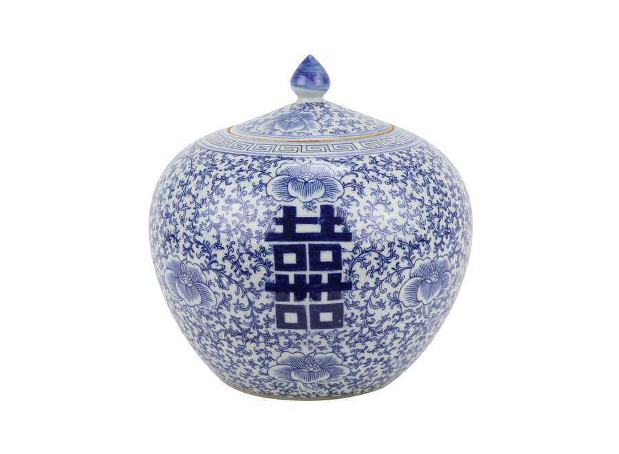 Tarro de Jengibre Chino Templo Porcelana Doble Felicidad Azul Blanca D22xAlto22cm