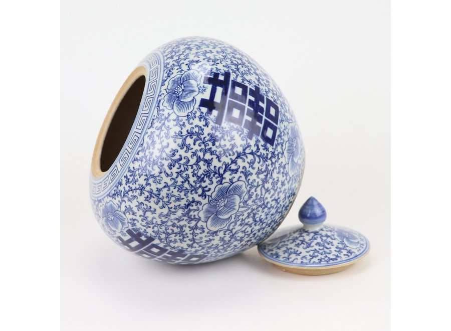 Chinesische Deckelvase Blau Weiß Porzellan Doppeltes Glück D22xH22cm