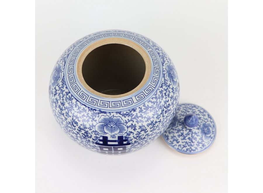 Chinesische Deckelvase Blau Weiß Porzellan Doppeltes Glück D22xH22cm