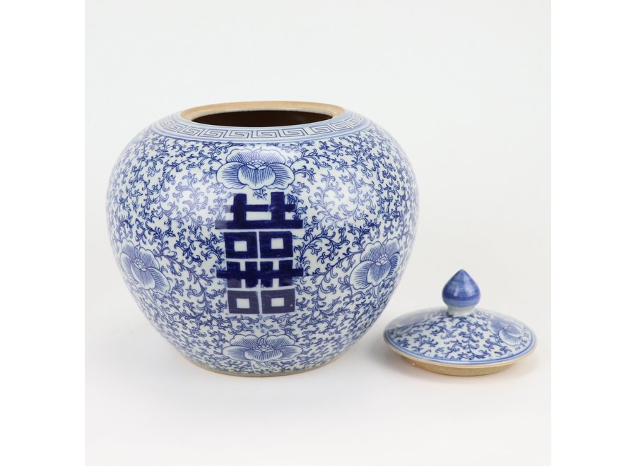 Chinesische Deckelvase Blau Weiß Porzellan Doppeltes Glück D22xH22cm