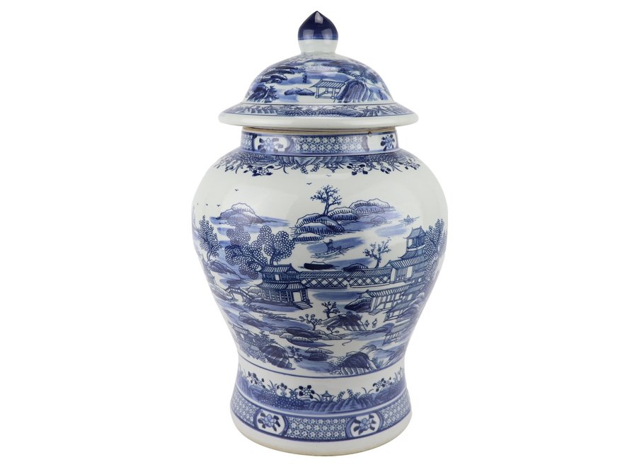 Fine Asianliving Pot à Gingembre Chinois Paysage Porcelaine Bleu Blanc D29xH48cm