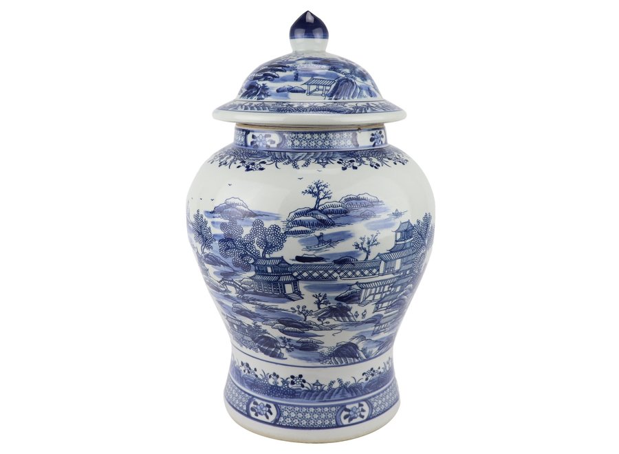 Ginger Jar Cinese Scenario Di Porcellana Bianca Blu D29xH48cm