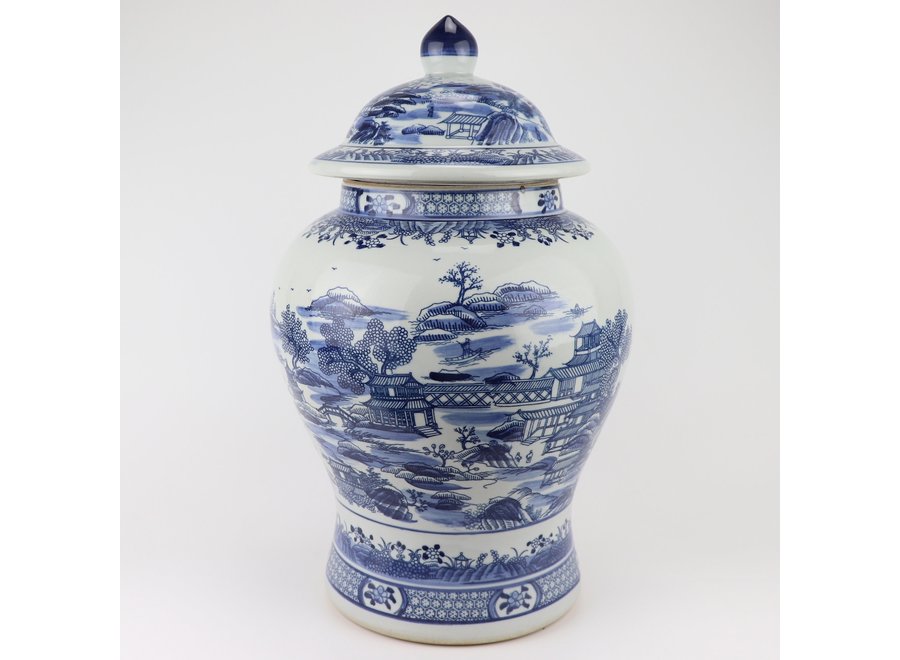 Ginger Jar Cinese Scenario Di Porcellana Bianca Blu D29xH48cm