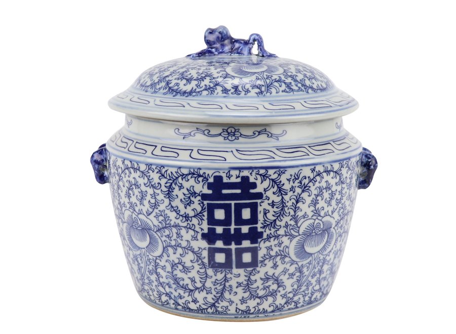 Pot à Gingembre Chinois Bleu Blanc Porcelaine Double Bonheur D25xH25cm