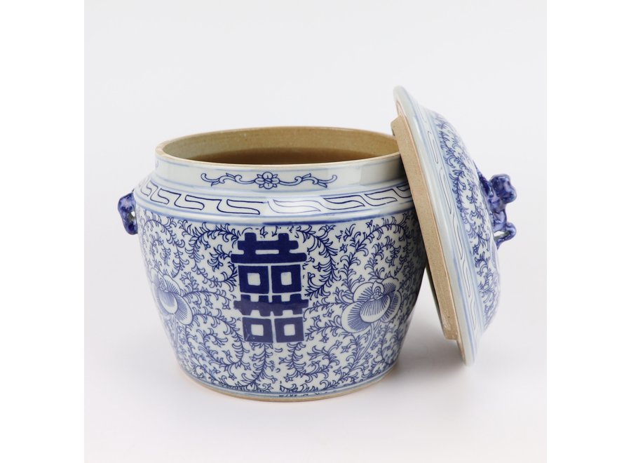 Pot à Gingembre Chinois Bleu Blanc Porcelaine Double Bonheur D25xH25cm