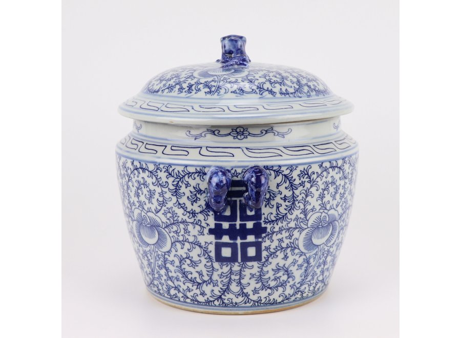 Chinesische Deckelvase Blau Weiß Porzellan Doppeltes Glück D25xH25cm