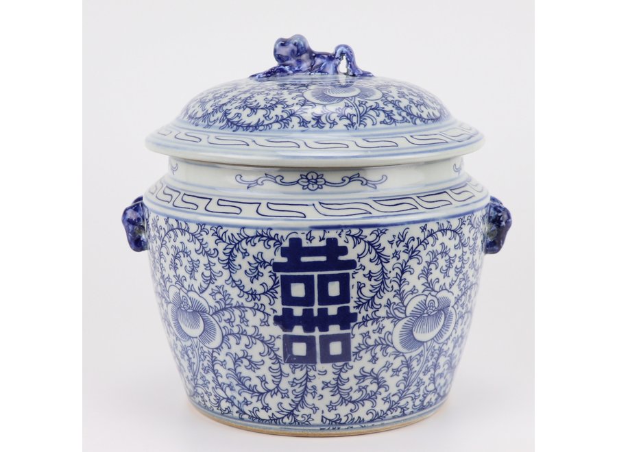 Pot à Gingembre Chinois Bleu Blanc Porcelaine Double Bonheur D25xH25cm