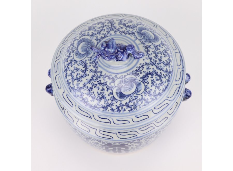 Tarro de Jengibre Chino Templo Porcelana Doble Felicidad Azul Blanca D25xAlto25cm