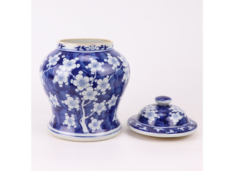 Chinesische Vase mit Deckel Blau Weiß Porzellan Blüten D18xH24cm