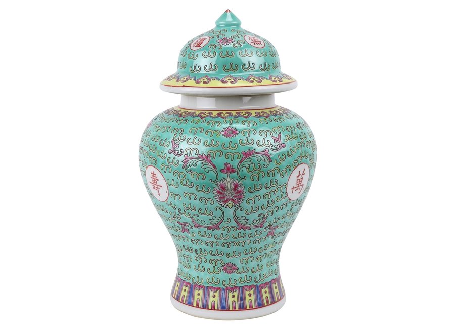 Chinesische Vase mit Deckel Grünes Porzellan Wan Shou Wu Jiang Langlebigkeit D20xH35cm